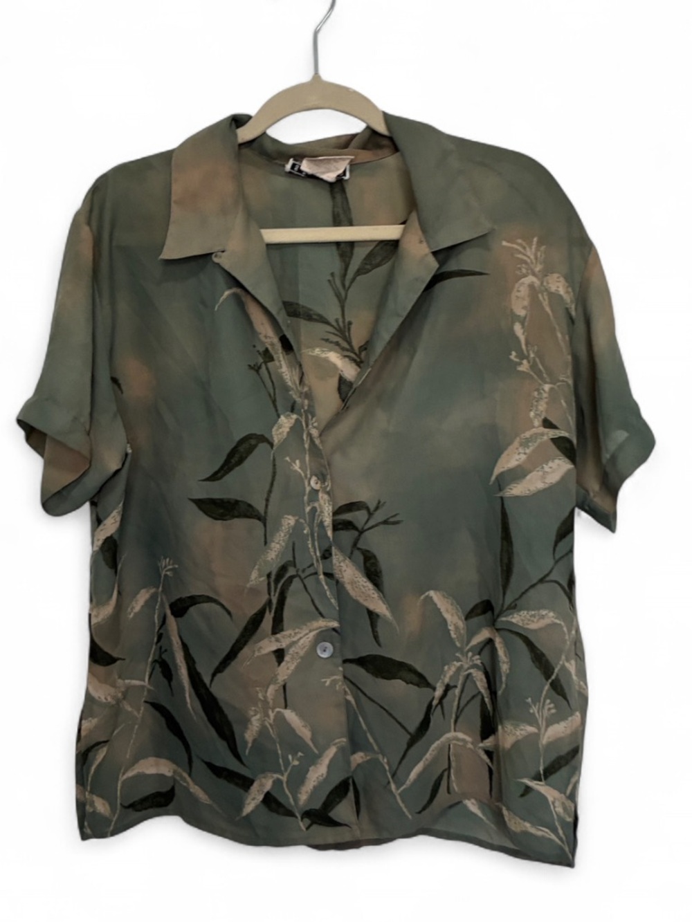 Vintage CM Shapes Studio Green Botanical Short-Sleeve Button Front Top
